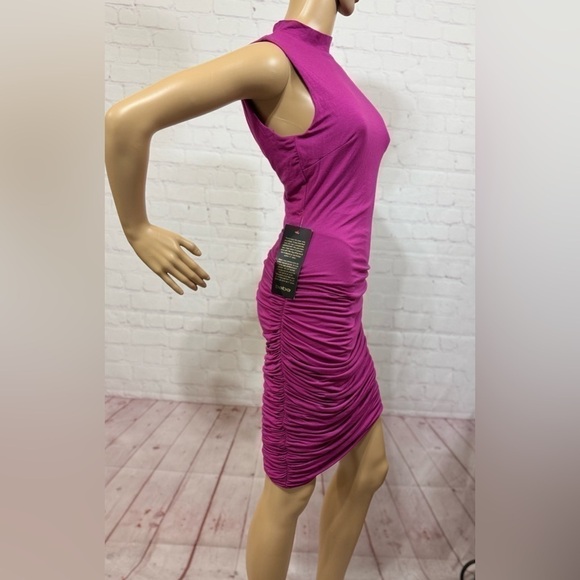 BEBE ruched bodycon dress mock neck open back sleeveless magenta Medium NWT - Picture 7 of 10